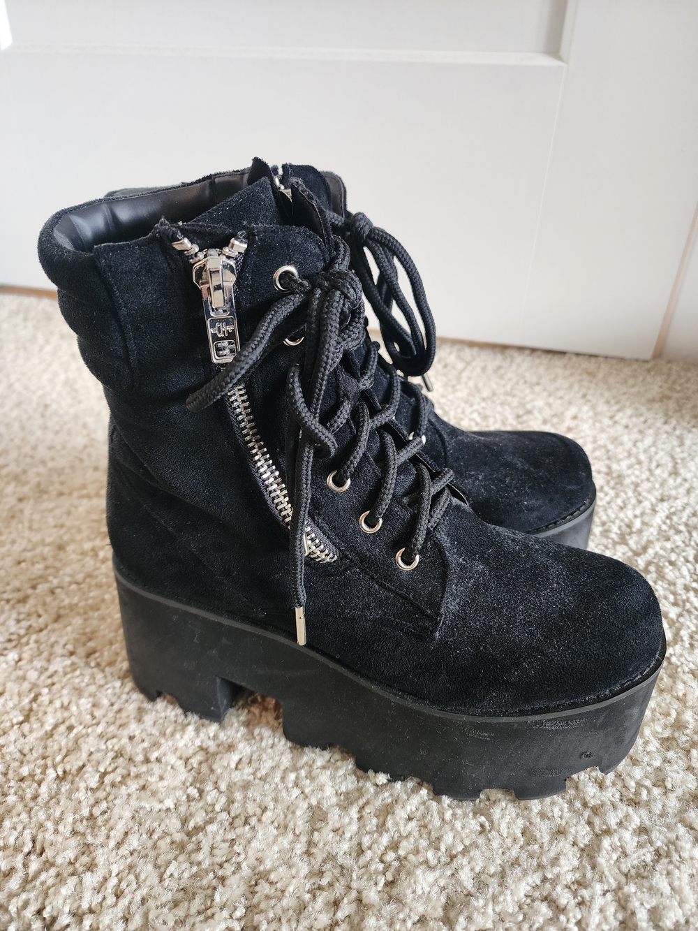 Current Mood Black Suede Platform Lace-Up Ankle Boots with Side Zip